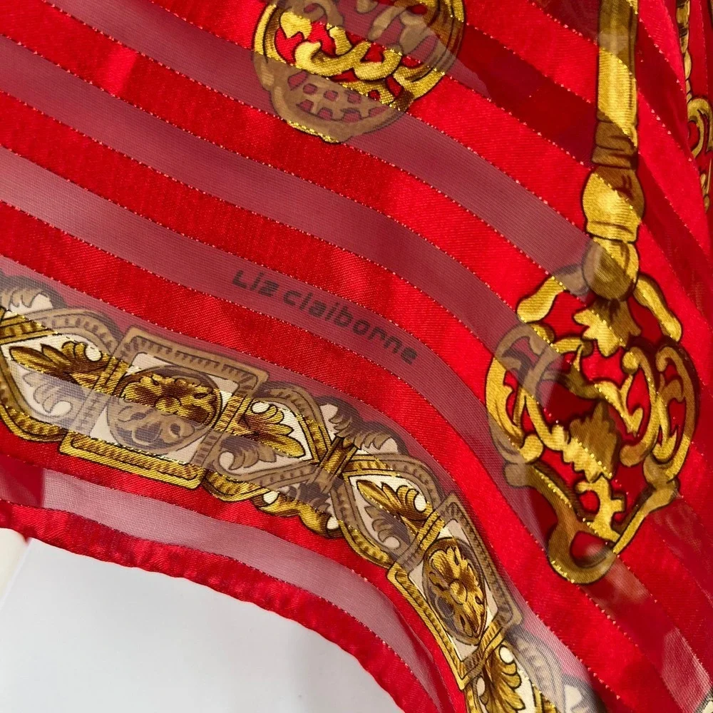 Vintage Liz Claiborne Scarf Sheer Stripe Red Gold Skeleton‎ Keys Script Baroque